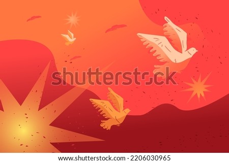 Flying singed pigeons against a background of red sky and explosions, a metaphor for ptsd among civilians after the war.