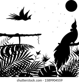 Flying and siting in the leaves tropical parrots vector art, black and white picture