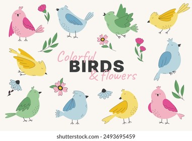 Flying and sitting cute birds set. Birds with spring flowers vector illustration. 
