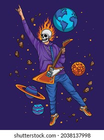 Flying Skeleton playing guitar on the space