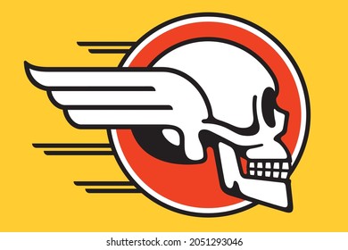 Flying skull circular badge design with wings and speed lines.
Vector illustration of human skull with wings in profile view symbolizing speed and movement.