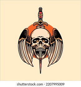 flying skull and dagger tattoo vector design