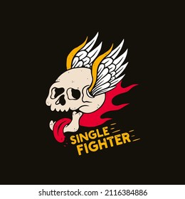 Flying Skull In Old School Tshirt Design. Skull Traditional Tattoo.