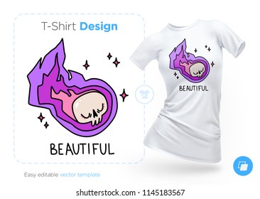 Flying skull t-shirt design. Print for clothes, posters or souvenirs. Vector illustration