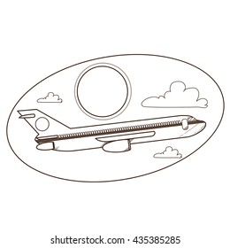 Flying in the sky airplane logo. Outline illustration on the theme of travel.