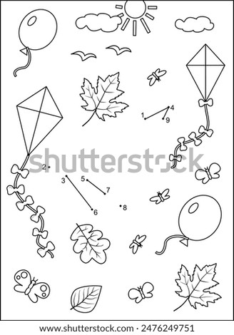 Flying in the sky. Dot-to-dot picture puzzle and coloring page with paper plane, kites, leaves, balloons, butterflies.
