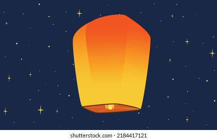 Flying sky lantern clipart. Simple sky lantern vector design illustration on night starry sky. Chinese lanterns, wish lantern, flying lantern cartoon vector for Diwali festival or Mid Autumn Festival