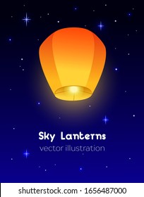 Flying Sky lantern vertical banner. Background Diwali festival, Mid Autumn Festival greeting card. Luminous floating lamp in the night sky with place for text. Color vector illustration. EPS 10