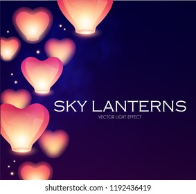 Flying Sky Lanterns. Chinese Light Effect Decoration. Vector illustration