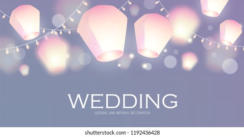 Flying Sky Lanterns. Chinese Light Effect Decoration. Vector illustration
