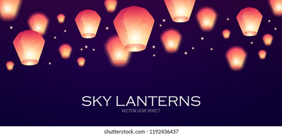 Flying Sky Lanterns. Chinese Light Effect Decoration. Vector illustration