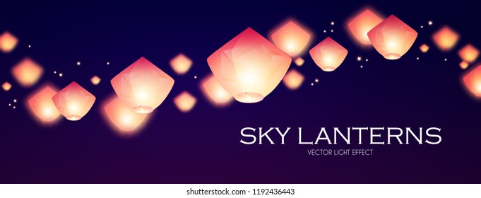 Flying Sky Lanterns. Chinese Light Effect Decoration. Vector illustration