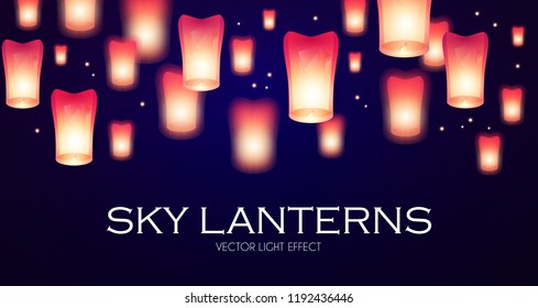 Flying Sky Lanterns. Chinese Light Effect Decoration. Vector illustration