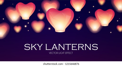 Flying Sky Lanterns. Chinese Light Effect Decoration. Vector illustration