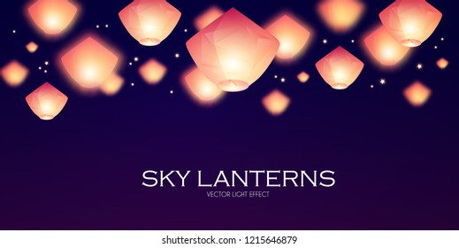 Flying Sky Lanterns. Chinese Light Effect Decoration. Vector illustration