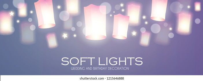 Flying Sky Lanterns. Chinese Light Effect Decoration. Vector illustration