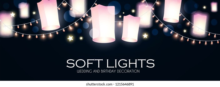 Flying Sky Lanterns. Chinese Light Effect Decoration. Vector illustration