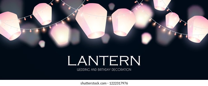 Flying Sky Lanterns. Chinese Light Effect Decoration. Vector illustration