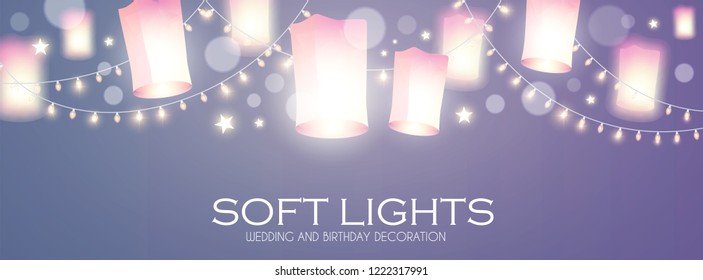 Flying Sky Lanterns. Chinese Light Effect Decoration. Vector illustration