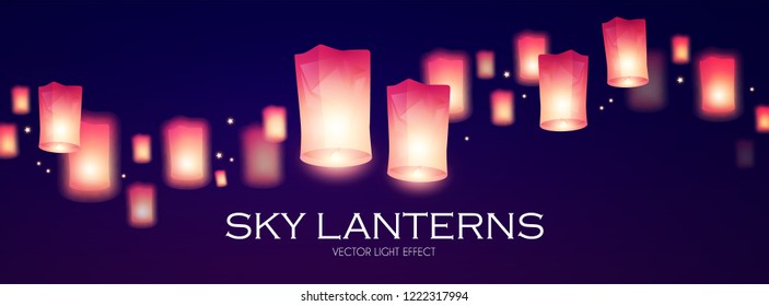 Flying Sky Lanterns. Chinese Light Effect Decoration. Vector illustration