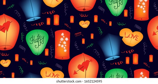 Flying Sky Lanterns. Chinese Light Effect Decoration. Multicolored Chinese lanterns seamless pattern, picture on a black background. Vector illustration template graphic design