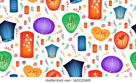 Flying Sky Lanterns. Chinese Light Effect Decoration. Multicolored Chinese lanterns seamless pattern, picture on a white background. Vector illustration template graphic design