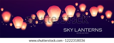 Flying Sky Lanterns. Chinese Light Effect Decoration. Vector illustration