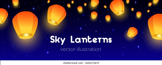 Flying Sky lanterns horizontal banner. Background Diwali festival, Mid Autumn Festival or Сhinese festive. Luminous floating lamps in the night sky with place for text. Color vector illustration