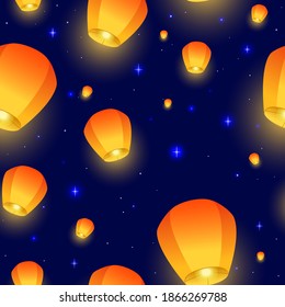 Flying Sky Lanterns Seamless Pattern. Diwali Festival, Mid Autumn Festival Or Chinese Festive. Luminous Floating Lamps In The Night Sky. Vector Illustration For Wrapping Paper, Fabric, Wallpaper.