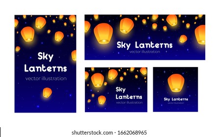 Flying Sky lanterns set banners. Background Diwali festival, Mid Autumn Festival or Chinese festive. Luminous floating lamps in the night sky with place for text. Color vector illustration isolated