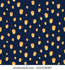 Flying sky lanterns, stars seamless pattern on blue background. Hand drawn vector illustration. Flat style design. Traditional Asian holiday Mid Autumn Festival, Thai New Year Songkran print, paper