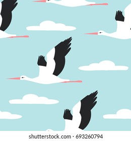 Flying in the sky stork bird seamless pattern. Vector hand drawn illustration.