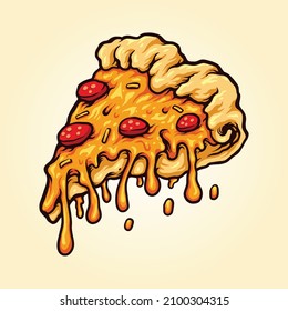 Flying slice of pizza with melting cheese Vector illustrations for your work Logo, mascot merchandise t-shirt, stickers and Label designs, poster, greeting cards advertising business brands.