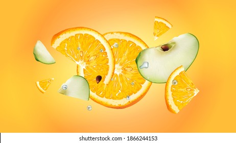 Saltos voladores de manzana y naranja sobre un fondo amarillo.