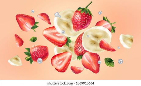 Flying slices of banana and strawberries and water droplets.