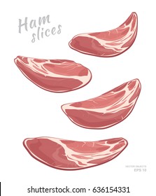 Flying slices of ham  isolated on white background. Meat delicatessen product. Vector gastronomic illustration in cartoon style