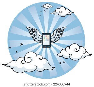 Flying smart phone with wings in the sky between clouds