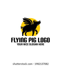 Flying Smart Pig, Silhouette Of Winged Pig Vector Illustrations