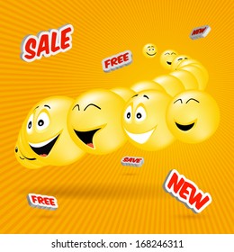 Flying smileys on orange background.