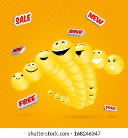 Flying smileys on orange background.