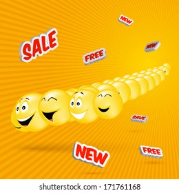 Flying smiling faces on orange background.