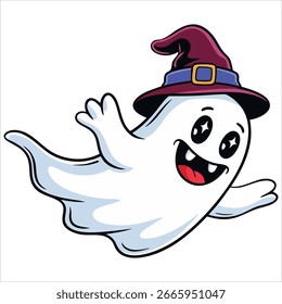 Flying smiling ghost in a cute vector style perfect for Halloween treats or tricks, kid friendly spooky decorations, and playful holiday designs.