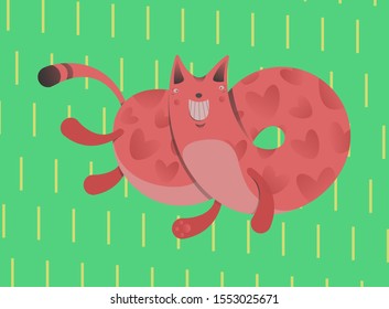flying smiling pink cat on green background with yellow lines