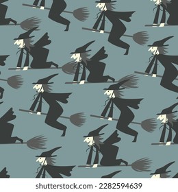 Flying smiling witches on brooms in dark magical colour - cute Halloween seamless repeating pattern illustration