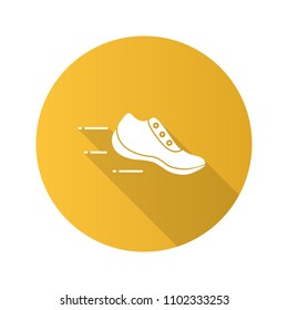 Flying sneaker flat design long shadow glyph icon. Motion. Comfort trainers. Sports footwear. Vector silhouette illustration