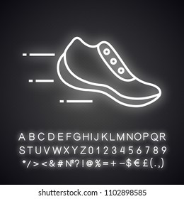 Flying sneaker neon light icon. Motion. Comfort trainers. Sports footwear. Glowing sign with alphabet, numbers and symbols. Vector isolated illustration
