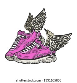 Flying sneakers with wings color sketch engraving vector illustration. Scratch board style imitation. Black and white hand drawn image.