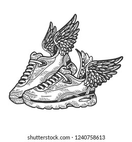 Flying sneakers with wings engraving vector illustration. Scratch board style imitation. Black and white hand drawn image.