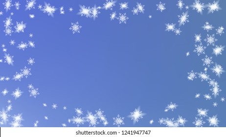 Flying snow background. Bbright, White, Shimmer, Glowing, Scatter, Falling on a Blue background. Festive illustration for christmas card.