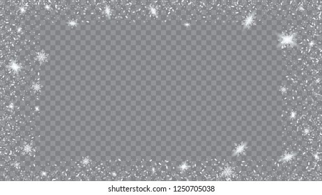 Flying snow background. Bbright, White, Shimmer, Glowing, Scatter, Falling on a Transparent background. Festive illustration for christmas card.